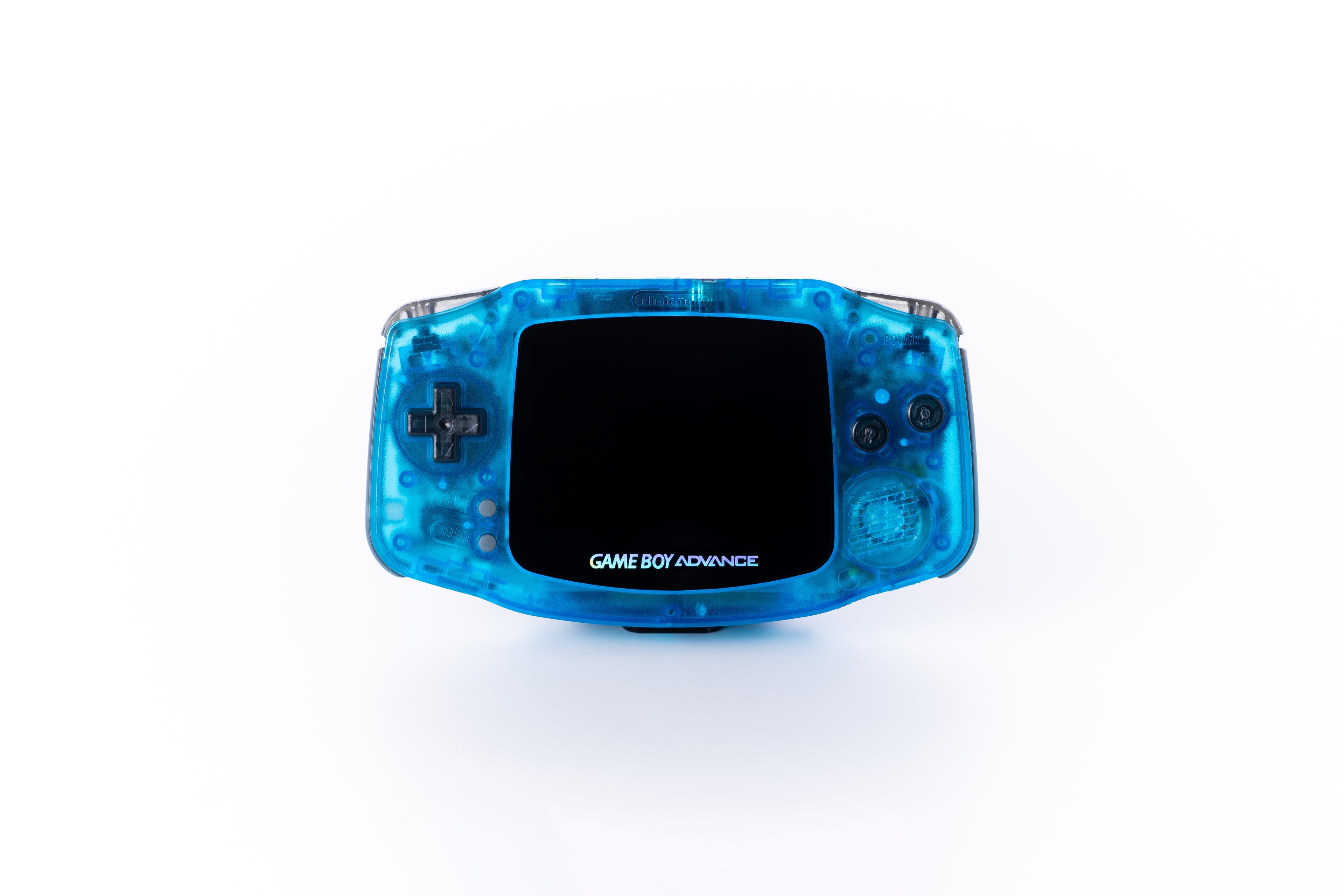 A translucent blue Game Boy Advance handheld gaming console centered on a clean white background.